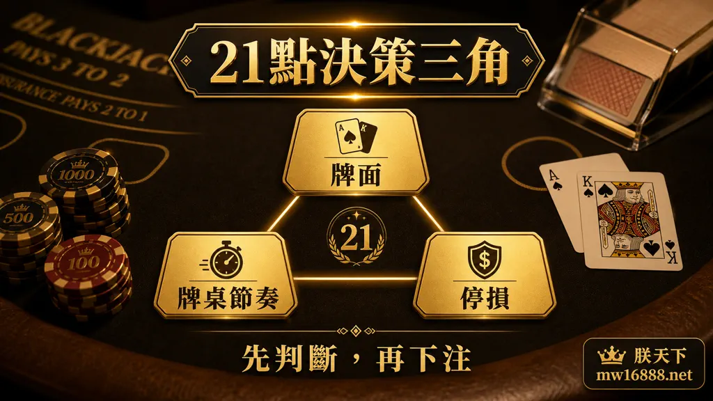 21點決策三角圖，提醒先看牌面、節奏與停損再下注