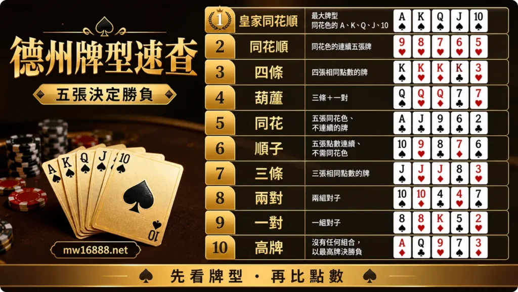 德州撲克牌型速查圖，從皇家同花順到高牌排序