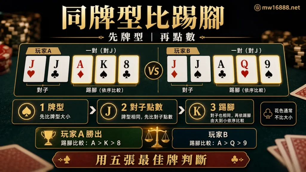 德州撲克踢腳判斷圖，說明同牌型時先比對子再比踢腳